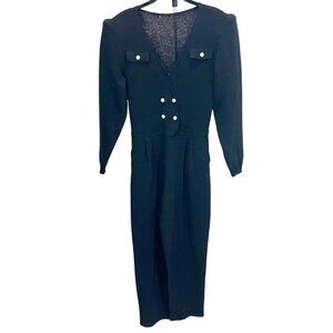 Vintage Pat Sandler Sakowitz Black Knit Rhinestone Double Breasted Jumpsuit SMAL